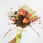 Brides Silk Bouquet: $150.00

Silk and Artificial Bride's Bouquet with a flair of sequence along with a custom designed sequence pocket handle and a spray of burnt orange tin charms.  
